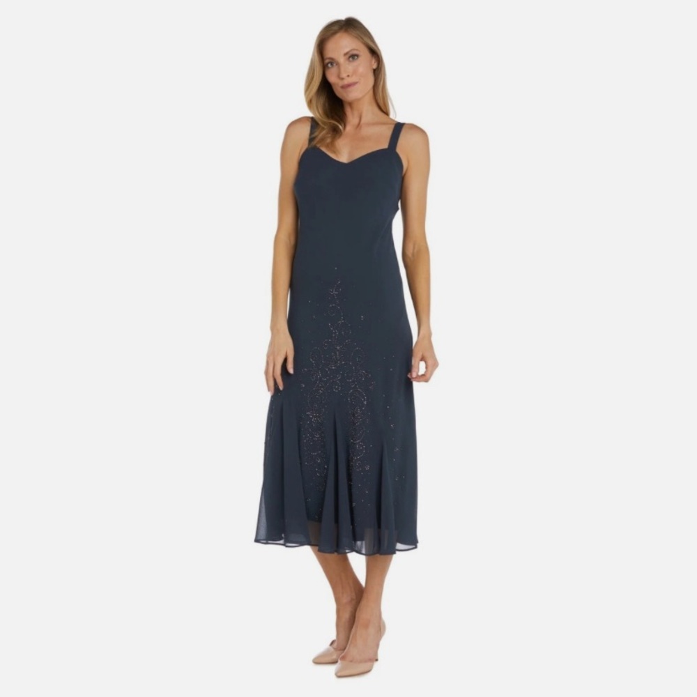 R&M Richards Sleeveless Beaded V-Neck Dress NAVY Size 14